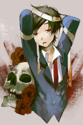  1boy animification arms_behind_head arms_up bandaged_arm bandaged_hand bandaged_head bandaged_neck bandages black_hair blood blood_splatter blue_jacket collared_shirt commentary_request cropped_torso floral_background flower frown grey_background highres jacket jitome lapels long_sleeves looking_at_viewer male_focus mytamed_ghost necktie open_mouth real_life red_eyes red_flower red_necktie red_rose ringed_eyes rose sakakibara_seito school_uniform shirt short_hair simple_background skull solo tongue true_crime undone_necktie very_short_hair white_shirt 
