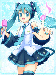  1girl aqua_eyes aqua_hair bare_shoulders blue_eyes commentary_request detached_sleeves eighth_note hair_between_eyes hair_ornament hatsune_miku highres long_hair looking_at_viewer microphone miku_day mimimix musical_note necktie open_mouth skirt sleeveless smile solo thigh-highs twintails very_long_hair vocaloid 