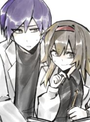  1boy 1girl black_shirt brown_eyes brown_hair collared_shirt elijah_(project_moon) gabriel_(project_moon) hairband highres holding holding_pen lobotomy_corporation long_sleeves pen project_moon purple_hair red_hairband shirt simple_background white_background yellow_eyes yiran_022214 
