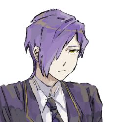  1boy closed_mouth collared_shirt expressionless gold_trim hair_over_one_eye jacket lapels library_of_ruina necktie portrait project_moon purple_hair purple_jacket purple_necktie shirt simple_background solo wei_qie_zaisheng white_background white_shirt yellow_eyes yesod_(project_moon) 