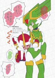  2boys armor closed_eyes commentary_request facial_mark fighting_fefnir_(mega_man) forehead_jewel green_armor green_eyes green_helmet helmet horns male_focus mega_man_(series) mega_man_zero_(series) multiple_boys red_armor red_helmet sage_harpuia_(mega_man) yamanashi_taiki 