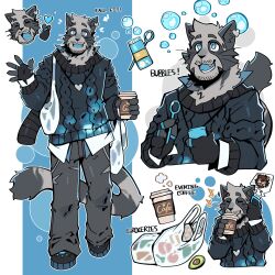  1boy absurdres animal_ears animal_nose bag beard black_gloves black_shoes blue_eyes blue_sweater cable_knit cellphone chibi closed_eyes colored_tongue cup disposable_cup drinking ear_piercing earrings eyebrow_piercing face_piercing facial_hair fangs full_body furry furry_male gloves graysheartart grey_fur grey_pants happy heart heart_in_mouth heart_necklace highres holding holding_bag holding_cup holding_phone jewelry male_focus multiple_rings multiple_views necklace open_mouth original pants pawpads phone piercing raccoon_boy raccoon_ears raccoon_tail ring scarf shirt shoes shopping_bag short_hair smartphone smile speech_bubble spoken_character sweater tail talking_on_phone thought_bubble torn_clothes torn_pants waving whiskers 