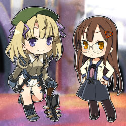  2girls :< beret black_pantyhose black_shoes black_skirt blonde_hair blue_eyes blue_ribbon blurry blurry_background boots brown_hair brown_jacket center-flap_bangs chibi chibi_only closed_mouth full_body glasses gloves green_hat grey_boots grey_gloves gun hair_ornament hair_ribbon hairclip hands_on_own_hips hat holding holding_gun holding_weapon jacket juliet_sleeves leotard long_sleeves looking_at_viewer magic_the_gandhi medium_hair multiple_girls official_art orion_(orionproject) pantyhose pink_shirt puffy_sleeves rance_(series) rance_x ribbon shirt shoes skirt smile standing twintails urza_pranaice weapon white_jacket white_leotard yellow_eyes 