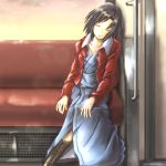  absurdres black_hair closed_eyes eyes_closed highres jacket japanese_clothes kara_no_kyoukai kimono red_jacket ryougi_shiki short_hair solo train train_interior 