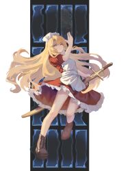  2girls absurdres apron blonde_hair brown_shoes closed_mouth commentary_request cross-laced_shoes dress floating frilled_apron frilled_dress frills full_body hand_up handong_luhuo highres holding holding_sword holding_weapon long_hair looking_at_viewer maid_apron maid_headdress multiple_girls pillarboxed puffy_short_sleeves puffy_sleeves red_dress shinki_(touhou) shoes short_sleeves sword touhou touhou_(pc-98) weapon white_apron white_headdress yellow_eyes yumeko_(touhou) 