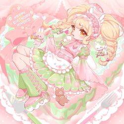  1girl apron bear blonde_hair bow braid cake cat commentary_request danganronpa_(series) danganronpa_2:_goodbye_despair dated dress fingerless_gloves flower food fork frilled_dress frills full_body gloves green_dress green_gloves green_socks hair_ornament halo happy_birthday holding holding_instrument holding_trumpet instrument japanese_clothes kimono leg_warmers looking_at_viewer obi open_mouth orange_eyes osoji_moppu_(osoujimp) pink_bow pink_halo pink_headdress pink_ribbon rabbit ribbon saionji_hiyoko sash scrunchie socks solo trumpet twin_braids twintails twitter_username wing_hair_ornament wrist_scrunchie 