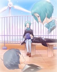  1boy 1girl aqua_hair black_jacket blue_hair blue_sky brown_shoes closed_eyes closed_mouth clouds commentary english_commentary gekkoukan_high_school_uniform hair_over_one_eye highres jacket lap_pillow long_sleeves looking_at_another one_eye_covered outdoors own_hands_together pantyhose persona persona_3 profile sad school_uniform shoes short_hair sitting sky tearing_up white_pantyhose xeeoh yamagishi_fuuka yuuki_makoto_(persona_3) 