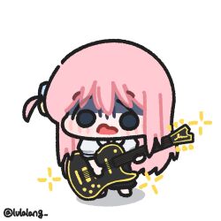  1girl blank_stare blue_eyes bocchi_the_rock! chibi chibi_only commentary english_commentary full_body gloom_(expression) gotoh_hitori guitar highres holding holding_guitar holding_instrument instrument long_hair looking_at_viewer lulalang one_side_up open_mouth pink_hair shirt simple_background solo sparkle standing twitter_username white_background white_shirt 