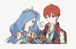  1boy 1girl adol_christin anniversary arm_up blue_eyes blue_hair brown_trim closed_mouth commentary_request dana_iclucia george_man grey_eyes hair_over_one_eye hair_rings hairband high_collar highres long_hair one_eye_closed red_hair red_trim short_hair simple_background smile white_background ys ys_viii:_lacrimosa_of_dana 