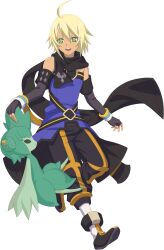  1boy ahoge artist_request black_gloves black_pants black_scarf blonde_hair blue_shirt commentary elbow_gloves emil_castagnier fingerless_gloves full_body game_cg gloves green_eyes highres holding_hands looking_at_creature official_art open_mouth pants scarf sheath sheathed shirt short_hair sleeveless sleeveless_shirt smile solo standing standing_on_one_leg sword tales_of_(series) tales_of_asteria tales_of_symphonia tales_of_symphonia_knight_of_ratatosk teeth third-party_source transparent_background weapon 