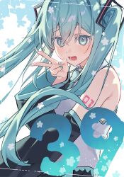  1girl 39 absurdres aqua_eyes aqua_hair aqua_nails aqua_necktie bare_shoulders black_sleeves blue_eyes blue_hair commentary_request detached_sleeves grey_shirt hair_between_eyes hair_ornament hatsune_miku highres kurobikari long_hair looking_at_viewer necktie number_tattoo open_mouth shirt simple_background sleeveless sleeveless_shirt smile solo tattoo twintails v very_long_hair vocaloid 
