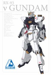  aoi_onion arm_cannon beam_cannon char's_counterattack character_name commentary_request earth_federation earth_federation_space_forces energy_gun english_text green_eyes gundam highres mecha mecha_focus mobile_suit no_humans nu_gundam original redesign robot science_fiction stats v-fin weapon white_background 