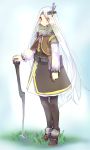  belt_pouch black_legwear blush book fur headband highres long_hair nicohi pantyhose pixiv_fantasia pixiv_fantasia_sword_regalia red_eyes solo staff very_long_hair vest white_hair 