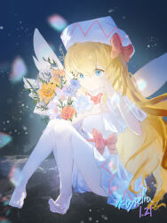  1girl absurdres artist_name blonde_hair blue_eyes bouquet bow capelet closed_mouth commentary_request dated dress fairy_wings flower full_body hand_up hat hat_bow highres holding holding_bouquet hyosei_cryselia knees_up lily_white long_hair pantyhose pink_flower red_bow red_flower red_rose rose sitting solo tears touhou white_dress white_hat white_pantyhose wings wiping_tears yellow_flower 