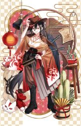  1girl :d artist_name asa_no_ha_(pattern) bandolier bell belt black_boots black_hair black_pants black_wings boots breasts brown_background brown_chaps brown_jacket cactus checkered_background chinese_zodiac commentary_request cowbell cowboy_hat cowboy_western egasumi flame_print flower full_body gold_necklace gun half-skirt hand_on_headwear hand_on_own_hip hat hat_flower hat_rope highres holster horseshoe jacket japanese_clothes jewelry kadomatsu kimono kurokoma_saki lantern long_hair long_sleeves medium_breasts money_bag necklace nengajou new_year obi open_clothes open_jacket open_mouth pants paper_lantern partyu plant pleated_skirt potted_plant red_eyes red_sash revolver rope saloon_doors sash skirt smile solo stool teeth touhou toy_horse toyosatomimi_no_miko upper_teeth_only wanted_poster weapon web_address white_kimono wings year_of_the_horse yen_sign 