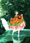  ayase_makoto bolero brown_eyes choker cropped_jacket dress dress_lift farah_oersted forest green_hair nature orange_dress short_hair smile solo tales_of_(series) tales_of_eternia tree water wink 