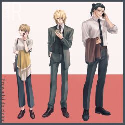  1girl 2boys alternate_costume alternate_hairstyle badeni bag black_border black_hair black_necktie black_pants black_shoes black_socks black_vest blonde_hair border braid braided_ponytail breast_pocket brown_bag brown_hair brown_necktie brown_shoes buttons cellphone chi.:_chikyuu_no_undou_ni_tsuite collared_shirt commentary_request contemporary dress_pants dress_shoes formal_clothes full_body grey_suit hand_in_pocket height_difference highres holding holding_phone holding_unworn_clothes holding_unworn_jacket iorbtyn jacket jolenta light_smile long_hair looking_to_the_side medium_hair multiple_boys necktie oczy open_mouth pants phone pocket polish_text ponytail red_background scar scar_on_face scar_on_mouth scar_on_nose shirt shirt_tucked_in shoes short_hair shoulder_bag sleeves_rolled_up smartphone socks standing suit suit_jacket talking_on_phone translation_request two-tone_background unworn_jacket vest waistcoat watch watch white_background white_shirt 