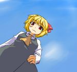  ascot blonde_hair dirty dress from_below hand_on_hip hihachi hips looking_down red_eyes rumia short_hair solo touhou youkai 