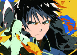  1boy 333takoyaki absurdres black_coat black_eyes black_hair blue_jacket closed_mouth coat coat_on_shoulders commentary_request fire frown fullmetal_alchemist furrowed_brow gloves hair_between_eyes highres jacket looking_at_viewer male_focus military_uniform roy_mustang short_hair sketch snapping_fingers solo white_gloves 