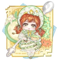  apple apple_slice artist_request border bow bowtie brown_bow brown_eyes bubble_skirt cake capelet commission dress eyelashes food food-themed_clothes food-themed_hair_ornament frilled_dress frilled_sleeves frills fruit green_bonnet green_bow green_bowtie green_capelet green_dress green_ribbon green_wrist_cuffs hair_bow hair_ornament hair_ribbon highres holding holding_plate infinity_nikki lace-trimmed_headwear lace_trim light_blush long_hair long_sleeves low_twintails medium_dress multiple_hair_bows nikki_(series) official_alternate_color open_mouth orange_hair plate puffy_long_sleeves puffy_sleeves ribbon second-party_source short_twintails skirt smile spoon striped_bow striped_clothes striped_dress sweet_memories_(infinity_nikki) tareme teeth three-quarter_sleeves twintails two-tone_dress upper_teeth_only wavy_hair white_border white_dress wrist_cuffs wrist_ribbon yellow_background yellow_bow yellow_bowtie 