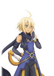 1boy ahoge arm_behind_back artist_request black_gloves black_pants black_scarf blonde_hair blue_shirt commentary cowboy_shot elbow_gloves emil_castagnier finger_to_cheek fingerless_gloves game_cg gloves green_eyes looking_at_viewer official_art open_mouth pants scarf sheath sheathed shirt short_hair sleeveless sleeveless_shirt solo standing sword tales_of_(series) tales_of_asteria tales_of_symphonia tales_of_symphonia_knight_of_ratatosk third-party_source transparent_background weapon 