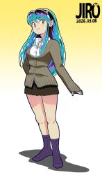  1girl alternate_costume arm_behind_back black_skirt blush breasts brown_jacket gradient_background green_hair highres horns jacket jirohhb long_hair long_sleeves looking_at_viewer lum miniskirt no_shoes oni outstretched_arm pointy_ears purple_socks red_eyes shadow shirt skirt sleeves_past_wrists small_breasts smile socks solo urusei_yatsura white_shirt 