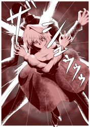  1boy 1girl absurdres ahoge arcueid_brunestud attack breasts crazy_eyes dynamic_pose facing_viewer fighting fingernails floating_clothes floating_hair flower gear_(gg2sol) hair_intakes hair_over_one_eye highres huge_breasts leaning_forward long_skirt monochrome mystic_eyes_of_enchantment open_hands pantyhose pointy_ears red_arcueid sharp_fingernails shoes short_hair skirt slashing sweater tsukihime turtleneck turtleneck_sweater vampire 