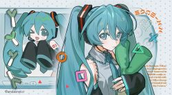  >_o 1girl ;d amd_aoneko bare_shoulders black_sleeves blue_eyes blue_hair blue_necktie closed_mouth commentary detached_sleeves english_commentary grey_shirt hair_between_eyes hatsune_miku long_hair long_sleeves looking_at_viewer miku_day multiple_views necktie one_eye_closed open_mouth shirt sleeveless sleeveless_shirt smile spring_onion twintails twitter_username upper_body vocaloid 