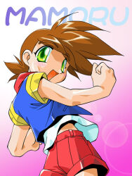  1boy 2000s_(style) :d amami_mamoru blue_vest blush brown_hair character_name clenched_hands commentary_request floating_clothes from_behind from_below from_side gradient_background green_eyes hindenburg_(hindenburugu) lens_flare looking_at_viewer male_focus midriff_peek open_mouth red_shorts shirt short_shorts short_sleeves shorts smile solo standing vest white_shirt yuusha_ou_gaogaigar yuusha_series 