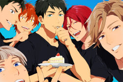  6+boys adam's_apple bilingual_commentary birthday black_hair black_shirt cake cake_slice commentary_request english_commentary food fork free! green_eyes grin half-closed_eyes holding holding_cake holding_food male_focus matsuoka_rin mikoshiba_momotarou minami_kazuki mixed-language_commentary mjo multiple_boys nitori_aiichirou open_mouth plate red_eyes red_hair sharp_teeth shirt short_hair smile strawberry_cake teeth uozumi_takuya upper_body utensil_in_mouth yamazaki_sousuke 