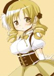  1girl beret blonde_hair blush drill_hair hat highres long_hair looking_at_viewer mahou_shoujo_madoka_magica skirt solo tomoe_mami tsubaki_(tatajd) twin_drills yellow_eyes 