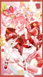  absurdres anklet arm_bow arm_warmers border bow brown_eyes cake cake_slice cherry chinese_commentary commentary_request cookie double_bun dreamtime_bestowed_(infinity_nikki) dress eyelashes floating_hair food food-themed_background footwear_bow frilled_arm_warmers frills fruit hair_bow hair_bun hair_ornament hair_ribbon halftone happy heart heart_hair_ornament highres ice_cream infinity_nikki jewelry layered_dress leg_ribbon light_particles long_hair neck_ribbon nikki_(nikki) nikki_(series) official_alternate_color open_mouth outline parted_bangs pink_hair pink_ribbon pretzel red_border red_bow red_dress red_ribbon red_shoes ribbon ribbon_earrings shoes sidelocks sijiu_49 sitting sleeveless sleeveless_dress smile spaghetti_strap sprinkles strawberry strawberry_shortcake striped_bow sundae twintails very_long_hair waist_bow wavy_hair white_arm_warmers white_bow white_dress white_outline white_ribbon wrist_bow 