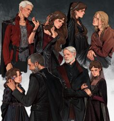  1girl 4boys a_knight_of_the_seven_kingdoms a_song_of_ice_and_fire absurdres aerion_targaryen averting_eyes baelor_targaryen beard black_dress black_gloves blonde_hair brothers brown_eyes connected_beard cousins crazytom daeron_targaryen dress earrings facial_hair father_and_daughter flower freckles genderswap genderswap_(mtf) gloves gradient_background hair_flower hair_ornament hand_in_another's_hair heterochromia highres jewelry long_hair looking_at_another maekar_targaryen mature_male multicolored_hair multiple_boys parted_lips profile red_dress red_shirt russian_commentary shirt short_hair siblings sideways_glance smile streaked_hair two-tone_background two-tone_dress unamused uncle_and_niece valarr_targaryen violet_eyes white_hair white_streaks 