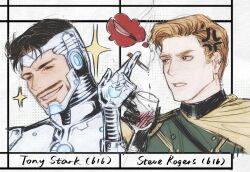  2boys alcohol anger_vein angry arc_reactor armor avengers_(series) between_fingers black_gloves black_hair blonde_hair blue_eyes border buttons cape character_name cigarette closed_eyes collared_jacket cup dagger drinking_glass english_text facial_hair full_armor gloves green_jacket hand_up hashtag-only_commentary helmet highres holding holding_cigarette holding_cup iron_man jacket knife lanita_1212 looking_at_another male_focus marvel military_jacket military_uniform multiple_boys outside_border polka_dot polka_dot_background power_armor short_hair smile speech_bubble star_(symbol) steve_rogers teeth thought_bubble tony_stark upper_body v-shaped_eyebrows weapon white_armor white_background white_border wine wine_glass yellow_cape 