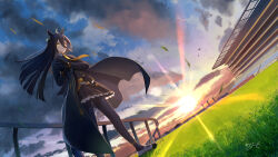  1girl ahoge animal_ears black_coat black_gloves black_hair black_pantyhose black_shirt black_skirt coat collared_shirt commentary_request ear_tag earrings gloves hair_between_eyes highres horse_ears horse_girl horse_tail jewelry long_bangs long_hair long_hair_between_eyes long_sleeves manhattan_cafe_(creeping_shadow)_(umamusume) manhattan_cafe_(umamusume) may9 multicolored_hair necktie outdoors pantyhose shirt shoes single_earring skirt sky solo sunset tail umamusume white_hair yellow_eyes yellow_necktie 