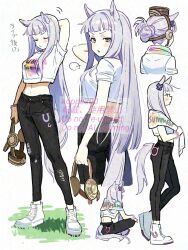  1girl animal_ears black_pants blunt_bangs blush bow breasts brown_hat closed_eyes closed_mouth clothes_writing crop_top crop_top_overhang cropped_shirt denim gold_ship_(umamusume) grey_hair hair_bun hat highres holding holding_unworn_clothes holding_unworn_hat horse_ears horse_girl horse_tail jeans koppe_koppe large_breasts long_hair midriff multiple_views navel pants parted_lips pillbox_hat shirt shoes short_sleeves sitting t-shirt tail torn_clothes torn_jeans torn_pants towel towel_around_neck uma_summer_(umamusume) umamusume unworn_hat unworn_headwear violet_eyes white_shoes 