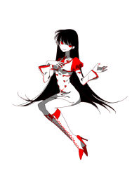  1girl black_hair blunt_bangs boots dress e.g.o_(project_moon) employee_(project_moon) hime_cut juliet_sleeves knee_boots lobotomy_corporation long_hair long_sleeves nugget_(project_moon) paradise_lost_(e.g.o) pencil_dress project_moon puffy_sleeves red_eyes simple_background sitting solo very_long_hair wei_qie_zaisheng white_background white_boots white_dress 