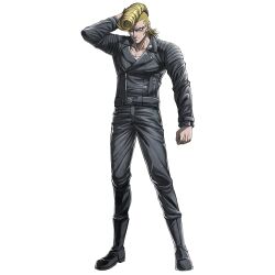  1boy arm_behind_head black_boots black_jacket black_pants blonde_hair boots clenched_hand frown full_body glasses jacket leather leather_jacket leather_pants looking_at_viewer male_focus official_art pants pompadour shirt solo tatsunuma_tatsuto tinted_eyewear transparent_background tribe_nine white_shirt yellow_eyes 