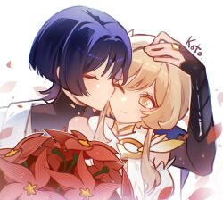  1boy 1girl armor armpit_crease artist_name bare_shoulders behind_another black_bodysuit black_bridal_gauntlets blonde_hair blue_cape blunt_ends bodysuit bouquet breasts bridal_gauntlets cape choppy_bangs closed_eyes couple detached_sleeves dress eyelashes eyeliner facing_another flower genshin_impact gold_ring hand_on_another's_head hand_up hetero highres japanese_armor japanese_clothes kimono kiss kiss_from_behind kissing_cheek kote kotokate kurokote light_blush looking_at_another lumine_(as_heaven_and_earth_are_made_anew)_(genshin_impact) lumine_(genshin_impact) makeup mandarin_collar medium_breasts middle_ring official_alternate_costume one_eye_closed purple_hair red_eyeliner red_flower scaramouche_(genshin_impact) scarf short_hair short_hair_with_long_locks side_cape sidelocks swept_bangs tareme turtleneck turtleneck_bodysuit wanderer_(genshin_impact) white_background white_dress white_kimono white_scarf white_sleeves yellow_eyes 