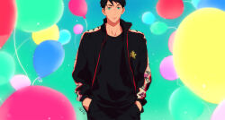  1boy balloon bilingual_commentary black_hair black_pants black_shirt blue_background closed_mouth collarbone commentary_request english_commentary free! green_eyes hands_in_pockets jacket looking_at_viewer male_focus mixed-language_commentary mjo open_clothes open_jacket pants shirt short_hair signature solo standing straight-on track_jacket yamazaki_sousuke 