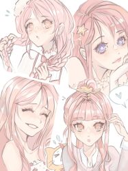  >_< 4girls :o ^_^ adjusting_hair animal argyle_clothes argyle_dress bare_shoulders beads beret bloom_poetry_(shining_nikki) bow bowtie braid brown_eyes cat chinese_commentary closed_eyes clothed_animal collarbone collared_shirt commentary_request cropped_torso dress eyelashes flying_sweatdrops food_print frilled_dress frilled_shirt_collar frilled_sleeves frills frown fruit_print fur_hat gloves grey_sweater grin hair_beads hair_ornament hair_over_shoulder hand_on_own_chin happy hat heart heart-shaped_pupils high_collar highres holding holding_animal holding_cat holding_own_hair jewelry layered_sleeves leiilan0 lipstick long_sleeves looking_at_viewer low_twin_braids makeup miracle_nikki momo_(nikki) multiple_girls necklace nikki_(series) nikki_up2u nikki_up2u2:_world_traveller open_mouth outline pinafore_dress pink_dress pink_hair pink_lips polka_dot polka_dot_dress print_dress red_bow red_bowtie shining_nikki shirt simple_background sleeve_cuffs sleeveless sleeveless_dress sleeves_past_wrists smile speech_bubble spoken_heart star-shaped_pupils star_(symbol) star_hair_ornament star_necklace star_sea_(nikki) strapless strapless_dress strawberry_print striped_clothes striped_shirt sweater sweater_under_shirt symbol-shaped_pupils twin_braids upper_body vertical-striped_clothes vertical-striped_shirt violet_eyes whiskers white_background white_cat white_dress white_gloves white_hat white_outline white_shirt 