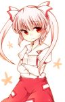  alternate_hairstyle blush crossed_arms fujiwara_no_mokou hair_ribbon long_hair ofuda pants red_eyes ribbon silver_hair solo suspenders sweatdrop tama_(soon32281) tears touhou twintails young 