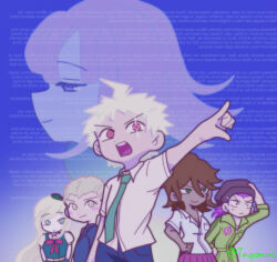  3boys 3girls absurdres ahoge backwards_text beanie black_hat blonde_hair blush breast_pocket closed_mouth collared_shirt commentary danganronpa_(series) danganronpa_2:_goodbye_despair dark-skinned_female dark_skin english_commentary eyelashes green_eyes green_necktie hand_on_headwear hand_on_own_hip hat highres hinata_hajime hinata_hajime_(awakened) jumpsuit kuzuryu_fuyuhiko long_hair lorem_ipsum medium_hair multiple_boys multiple_girls nanami_chiaki necktie official_alternate_eye_color official_alternate_hair_color open_mouth outstretched_arm owari_akane pink_eyes pink_hair pocket pointing puffy_short_sleeves puffy_sleeves red_eyes red_skirt shirt short_hair short_sleeves skirt smile soda_kazuichi sonia_nevermind spoilers sweatdrop taqomimi teeth twitter_username upper_teeth_only very_short_hair white_shirt yellow_eyes yellow_jumpsuit 