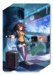  1girl between_breasts breasts brown_hair clock cloud fare_gate female hair_ornament hairclip highres juu. luggage miniskirt original outstretched_arms red_eyes short_shorts shorts shorts_under_skirt skirt sky solo strap_cleavage thigh-highs thighhighs train_station 