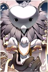  1boy artist_name commentary_request feathers heart highres hollow_eyes horns hyness kirby_(series) kirby_star_allies long_sleeves looking_at_another outstretched_arms sleeves_past_fingers sleeves_past_wrists void_termina void_termina_(demon_god_form) wide_sleeves zakobenki 
