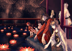  1girl 6+boys :d absurdres aerial_fireworks architecture belt black_belt black_hair black_pants black_shirt black_shorts blonde_hair blue_eyes borrowed_clothes braid brown_hair buddha's_temptation_(the_tale_of_food) butterfly_hair_ornament candied_hawthorn_(the_tale_of_food) cape capelet chinese_clothes chinese_commentary closed_mouth coat coat_on_shoulders cross-laced_clothes cross-laced_sleeves crossed_arms dress earrings east_asian_architecture expressionless feathered_cape feet_out_of_frame female_master_(the_tale_of_food) fireworks flower_earrings food-themed_clothes food-themed_hair_ornament fur-trimmed_capelet fur_trim gradient_cape hair_between_eyes hair_ornament hanfu hat highres jacket jewelry jiemuye lantern lantern_on_liquid leaning_on_object lianhua_blood_duck_(the_tale_of_food) long_hair long_sleeves looking_ahead lotus_lantern medium_hair multiple_boys night orange_cape outdoors outstretched_hand pants paper_lantern parted_bangs pillar pink_capelet pinstripe_dress pinstripe_pattern profile railing red_eyes red_hair red_hanfu red_robe red_shirt red_shoes ribbon river robe seiza shading_eyes shirt shoes shorts single_braid sitting smile squatting squirrel_fish_(the_tale_of_food) standing suckling_pig_roast_(the_tale_of_food) tanghulu tangyuan_(the_tale_of_food) tassel the_tale_of_food two_side_up white_capelet white_coat white_hat white_jacket white_robe wide_sleeves yellow_cape yellow_jacket yellow_ribbon 