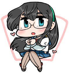  1girl absurdres black_hair blue_sailor_collar blue_skirt clothing_cutout commentary_request cyama_land full_body glasses green_eyes grey_thighhighs heart highres hip_vent invisible_chair kantai_collection long_hair looking_at_viewer ooyodo_(kancolle) pleated_skirt quill sailor_collar sitting skirt solo thick_eyebrows thigh-highs 