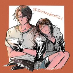  1boy 1girl belt bike_shorts bike_shorts_under_skirt black_gloves black_hair black_jacket black_pants black_shorts blue_cardigan blue_eyes blue_skirt blue_sleeves border breasts brown_belt brown_hair cardigan chain chain_necklace closed_eyes commentary_request couple crossed_arms crossed_belts detached_sleeves feet_out_of_frame final_fantasy final_fantasy_viii fur-trimmed_jacket fur_trim furrowed_brow gloves hair_between_eyes hetero jacket jewelry leaning_on_person light_frown long_hair medium_breasts multiple_belts necklace orange_border pants parted_bangs parted_lips reading ribbed_sleeves ring ring_necklace rinoa_heartilly sayaendou0426 scar scar_on_face shared_clothes shirt short_hair shorts sitting skirt squall_leonhart t-shirt twitter_username white_background white_shirt 