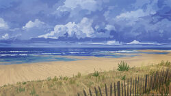  beach blue_sky clouds cloudy_sky commentary english_commentary grass no_humans ocean original outdoors painterly sand scenery shore sky sylvain_sarrailh waves web_address 