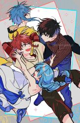  1girl 3boys :d arms_behind_head black_pants black_sweater blue_hair blue_shoes blunt_bangs braid cherryekdyd commentary dress fang feet_out_of_frame hood hood_down hoodie layered_sleeves long_sleeves looking_at_another lying maeno_aki multiple_boys on_back pants red_hair ribbed_sweater ribbon-trimmed_pants shirt shoes short_over_long_sleeves short_sleeves side_braid smile standing sweater tsugino_haru turtleneck turtleneck_sweater untranslatable_commentary ushirono_fuyu ushirono_natsu white_dress yellow_hoodie yellow_shirt zeno_(game) 